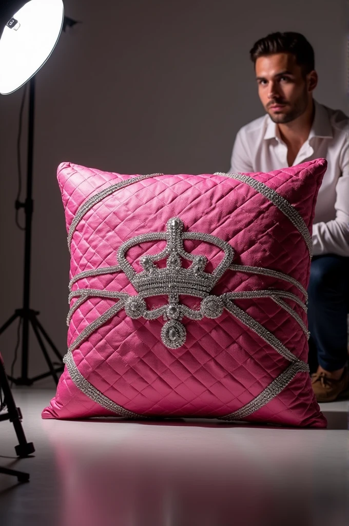 a cushion box branded yujinyu with pink cushion pattern, studded with diamonds, with a crown in the middle, a guy is taking an advertisement photo of it