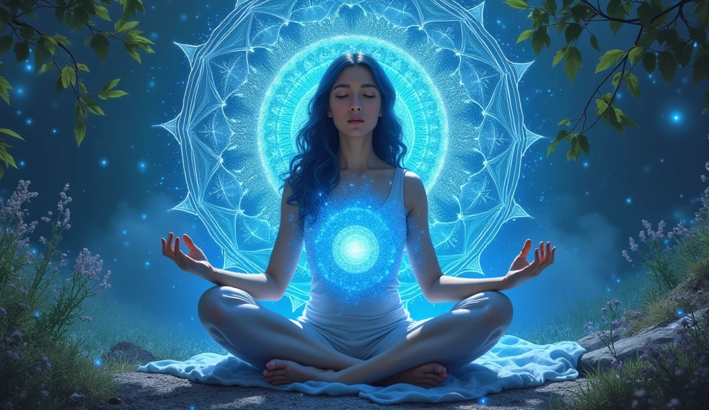 woman meditating in lotus position with hands holding blue fireball, background a colorful mandala, magical blue nature background full of glitter