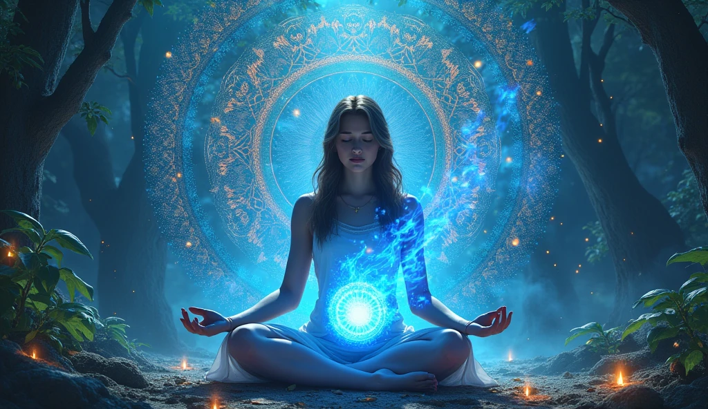 woman meditating in lotus position with hands holding blue fireball, background a colorful mandala, magical blue nature background full of glitter 