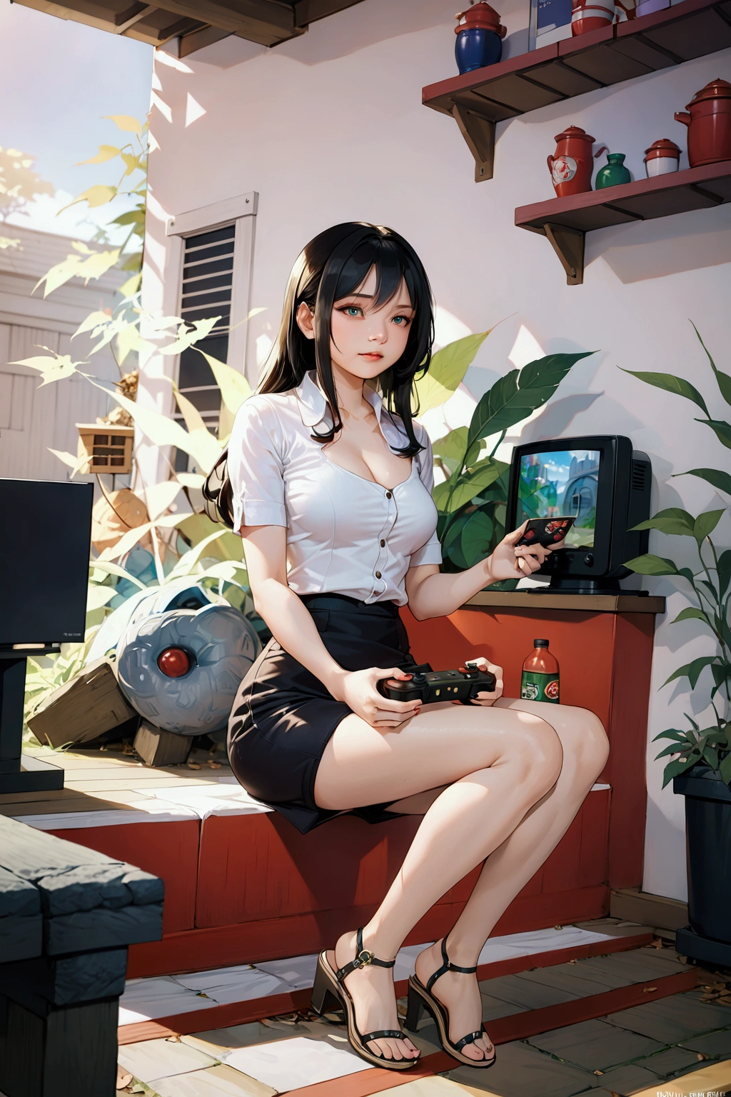 realistic anime illustration of adorable young woman in long hair, she is sitting while playing video game, holding game video joypad, game console, wearing black-white 1/2 sleeves v-neck collared shirt, dark blue denim pencil skirt, black heel sandals, (1girl, solo, full body), (masterpiece, best quality, japanese anime style), (expressive eyes, perfect face, perfect body)