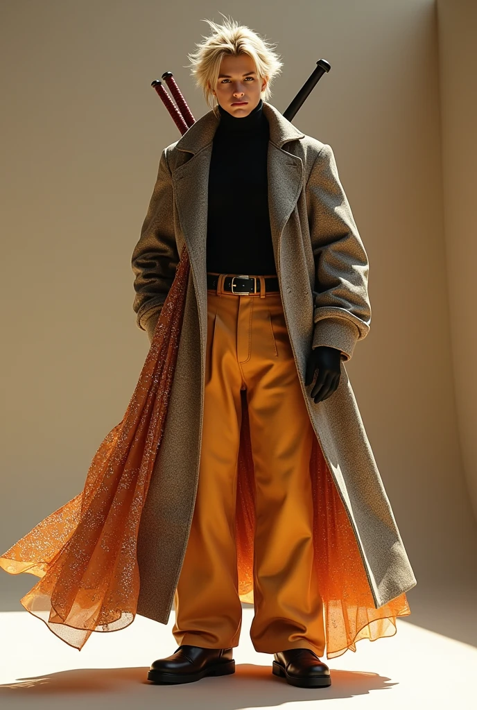 1 man, (cloud strife), realistic, balenciaga, Autumn and winter catwalks，Classic herringbone coat，Loose coat，Shirt with turtleneck，Chiffon ruffled pink sequin maxi dress，flowing shimmering fabrics，Gray top with wide-leg trousers，Subtle beige tones，Inspired by Ralph Lauren, bustersword on his back