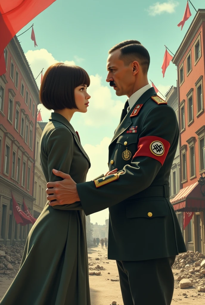 Adolf Hitler with younger and more preserved aspects of his physical appearance, with his classic uniform leading a Soviet girl, in communist uniform, with short hair and e-girl style bangs looking at each other with passion and hatred in the middle of the war 
