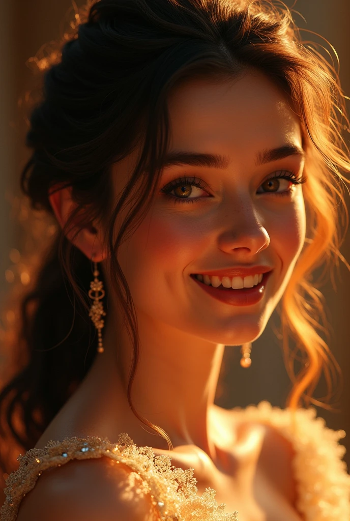 ((masterpiece, Best Quality)), High resolution, 8k, cinematic light, high contrast, depth of field, Intense shine, detailed background, 1 girl, Beautiful, detailed eyes, twinkle in his eye, Detailed iris, smile, stylized, open mouth, Canine,