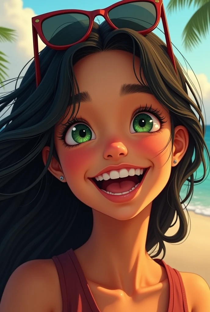 A image portrait of a tan girl with black hair and bright forest green eyes laughing with shades on her head