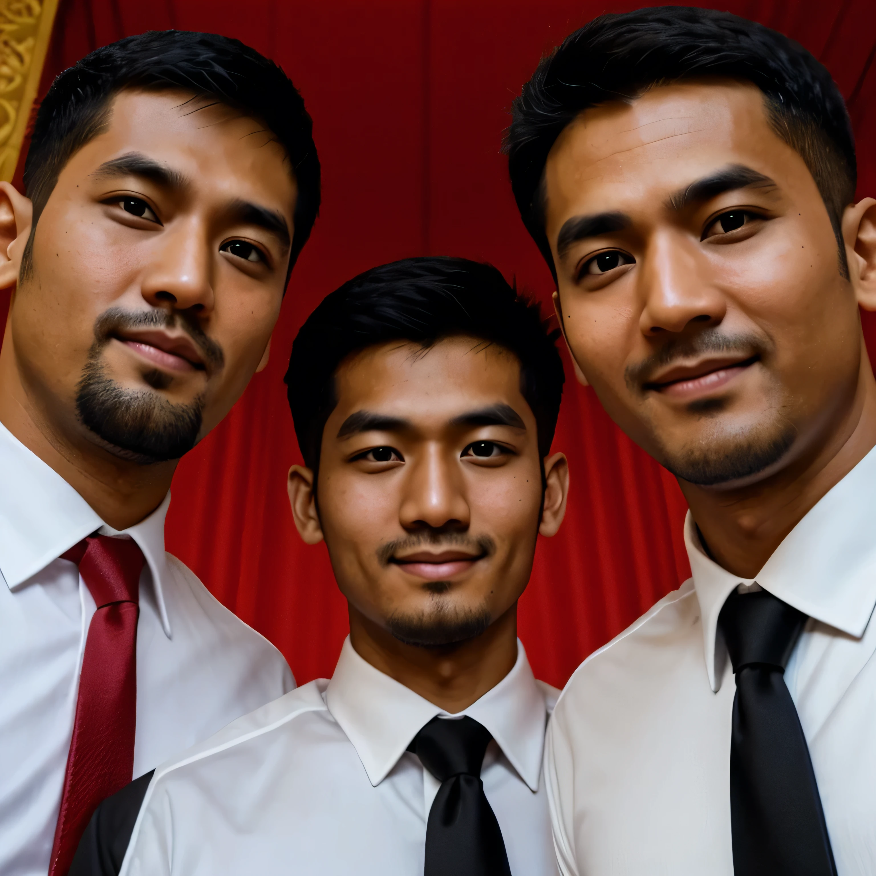 30 years old,Three tall men,、Black Shirt、Red tie、Dhaka - Fighters、dojo　smile、logic, ,Very short hair　,Japanese Face,、　Stubble、　Upper body close-up、Seen from below