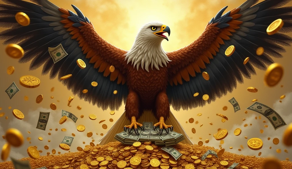 philippine eagle, eat money, surrounded with money, gold coins background, money on mouth,