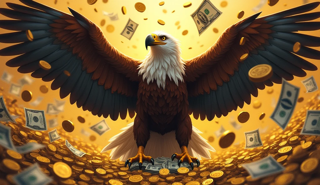 philippine eagle, eat money, surrounded with money, gold coins background, money on mouth,
