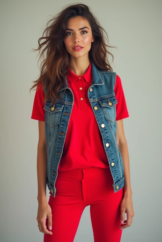 Woman in denim vest and red polo shirt underneath with red leggings 