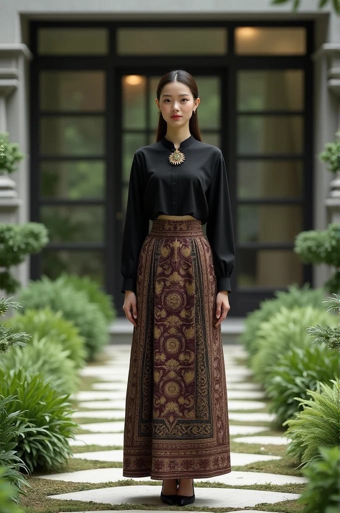 “An elegant person standing outdoors on a stone pathway, dressed in traditional clothing including a black blouse with a brooch and a long, intricately patterned batik skirt. The backdrop features lush greenery and a building with large, stylish glass doors. The setting is serene with soft, calming lighting enhancing the tranquil atmosphere.”