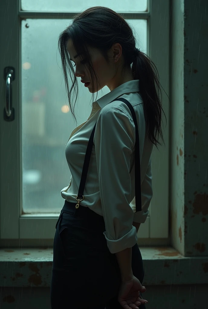a woman in a suit, belt, hands behind back, sweating, suspenders, black pants, sexly, large breasts, see-through clothing, rain, detective, office worker, white button-up shirt, (best quality,4K,8k,highres,masterpiece:1.2),ultra-detailed,(realistic,photorealistic,photo-realistic:1.37),hyper-detailed,highly detailed face and body, Slender thin suspenders Moderate breasts See-through shirt Nipples holster chain Pistol Armament criminal Female criminal knife japanese profile Japanese women arrested handcuff