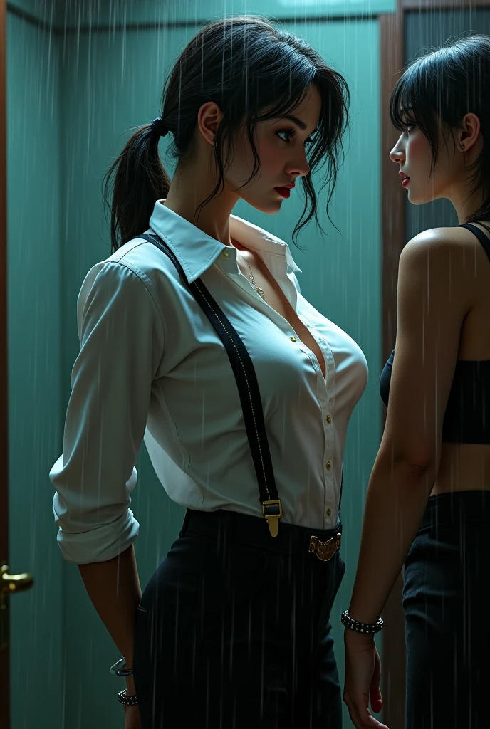 a woman in a suit, belt, hands behind back, sweating, suspenders, black pants, sexly, large breasts, see-through clothing, rain, detective, office worker, white button-up shirt, (best quality,4K,8k,highres,masterpiece:1.2),ultra-detailed,(realistic,photorealistic,photo-realistic:1.37),hyper-detailed,highly detailed face and body, Slender thin suspenders Moderate breasts See-through shirt Nipples holster chain Pistol Armament criminal Female criminal knife japanese profile Japanese women arrested handcuff