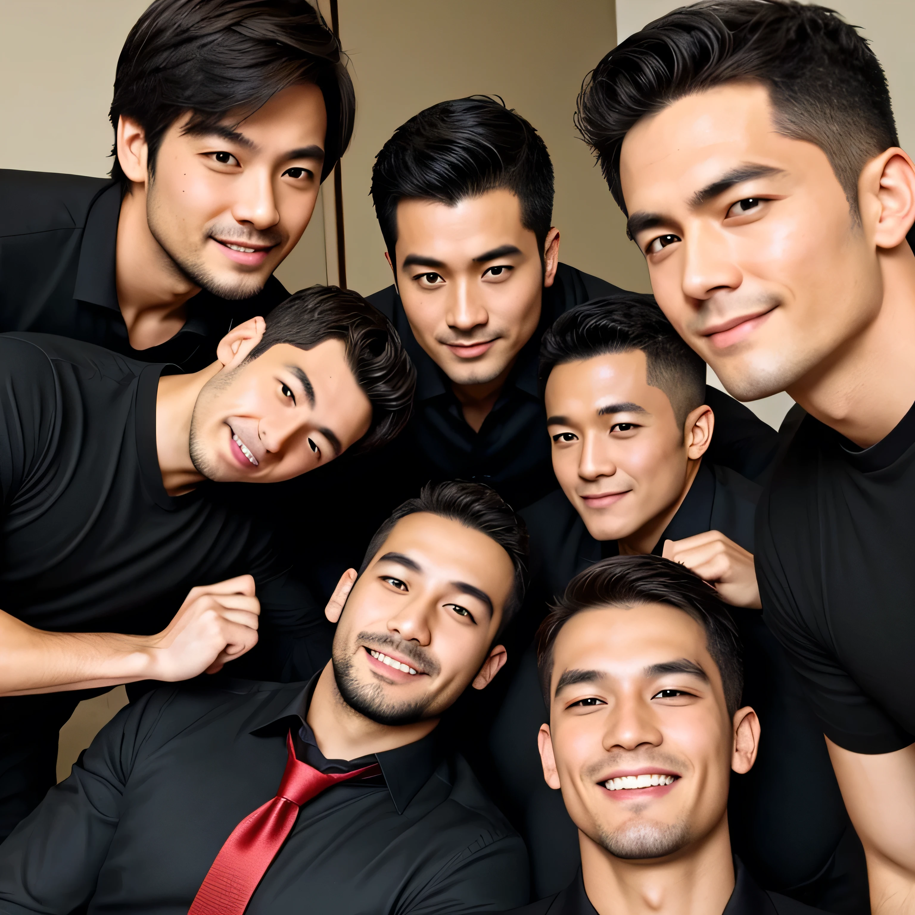 30 years old,Five tall men,、Black Shirt、Red tie、dojo smile、logic, Gay,Very short hair ,Japanese Face,、 Stubble、 Upper body close-up、Seen from below