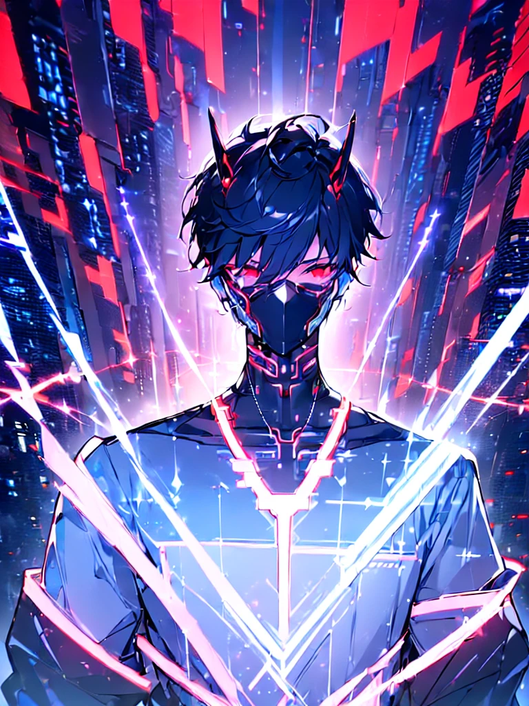 ((CYBER CITY BACKGROUND:1.5)), masterpiece, best quality, ultra detailed, exquisite, beautiful, highres, abyss, ((1 boy)), shota, oni, looking at viewer, men's short hair, hair covering eyes, black hair, red eyes, japanese clothes, with a scar, with horns, , outside, upper body,
