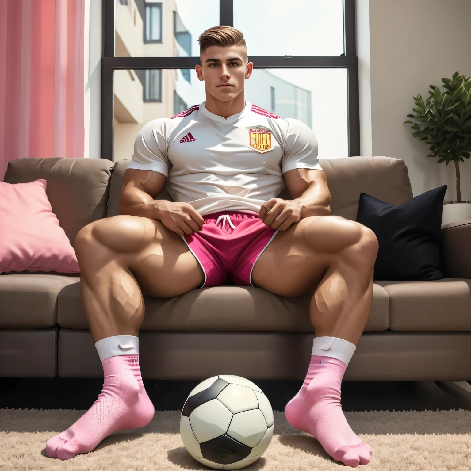 full body one young white boy with light-brown clean shaved undercut haircut, wearing pink soccer shorts and pink 'Messi' jersey, long soccer black high socks, no shoes, He is sitting on a black stool in his room where there is a beige leather sofa with cushions, we can see through the window, outside, a basketball hoop in a courtyard. His long black soccer socks must be seen