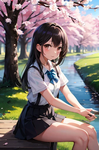 (Tabletop), Highest quality, High resolution, Very detailed, Detailed Background, Perfect lighting, Plein Air, One Girl, Cherry tree in full bloom