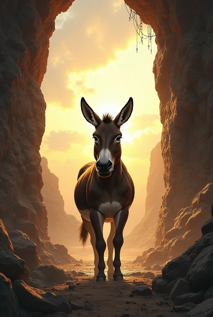 "Capture the climax of the story where the donkey, with each shake and step, begins to rise higher and higher, until he finally steps out of the well. How does the scene change as the donkey emerges victorious?"