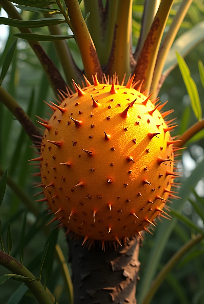 Orange colored coconut grows on a regular tree, covered with very small spines