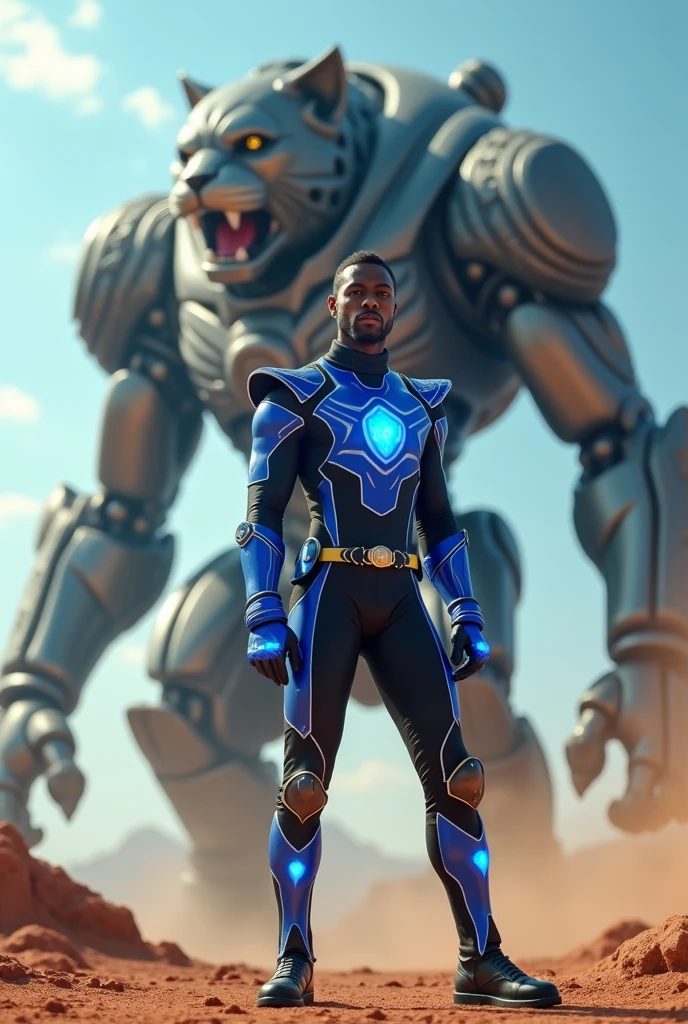 cinematic movie scene,of African American Male, as Power Ranger, blue aura around him, his signature costume, blu and black metallic jumpsuit, matching gloves and boots, standing near blue and black colossal Jaguar shaped (bio-)mechanical robot coming out the ground, action pose, body slim, epic action, sharp focus, uhd, colorful shot, dynamic energy filled desert background,photo realistic, fantasy, cinematic lighting, 16k, UDH, rich in color, clean and precise