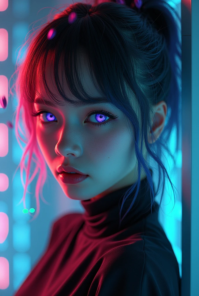 la plus haute qualité, Fond d'écran CG Unity 8K très détaillé, Éclairage cinématographique, reflet, Beaux yeux détaillés, , ligne latérale, cheveux multicolores, Coloré light, particule, Hétérochromie, (Coloré:1.5), (Coloré hair:1.5), nue