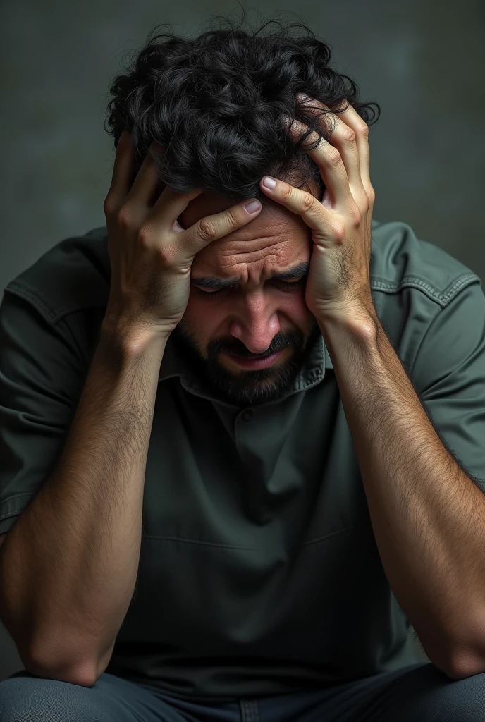 A ethnic man crying his hand in head
