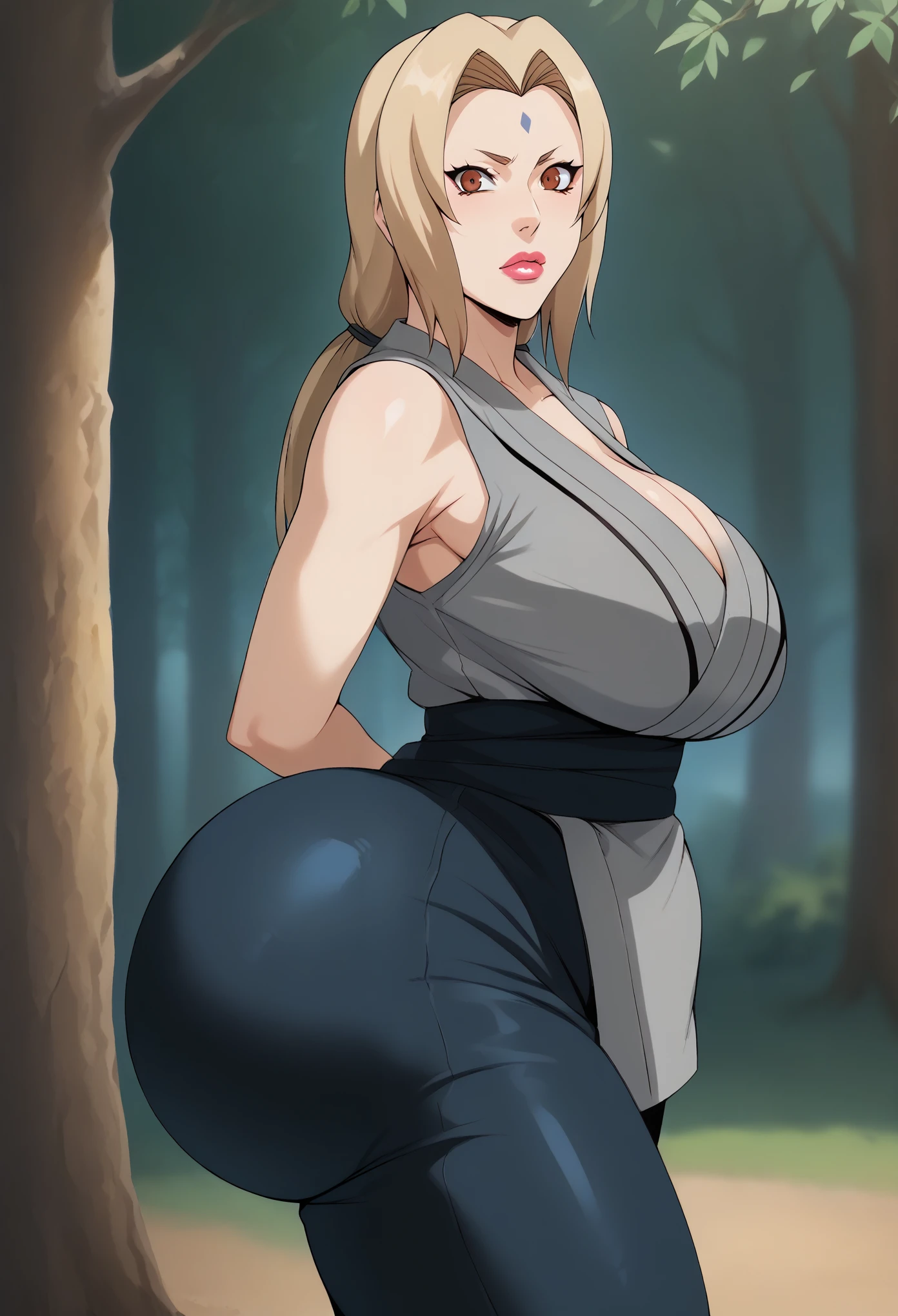 score_9, score_8_up, score_7_up, BREAK, score_9, Lady Tsunade, Tsunade Senju, granny Tsunade, ChopioTsunade, blonde hair, long hair, big lips, plump lips, low twintails, hair tie, brown eyes, forehead mark, pink lipstick, mature female, milf, K-cup size breasts, large breasts, huge butt, red nails, outfit_2, grey kimono, sleeveless kimono, collarbone, blue obi, blue pants, solo, 1girl, looking at viewer, curvy body, thick body, curvy, small waist, b cowboy huge butt, shot, ass, ass covered by her pants, pants slipping slightly down, showing bare buttcrack slichtly, big ass, huge breasts, big breasts, thick thighs, wide hips, from behind, forest