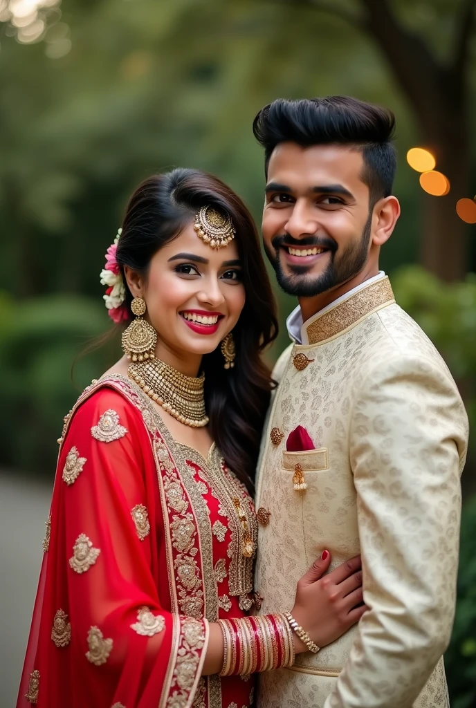 A happy Pakistani wedding couple smiling front in camera with clean shaved groom