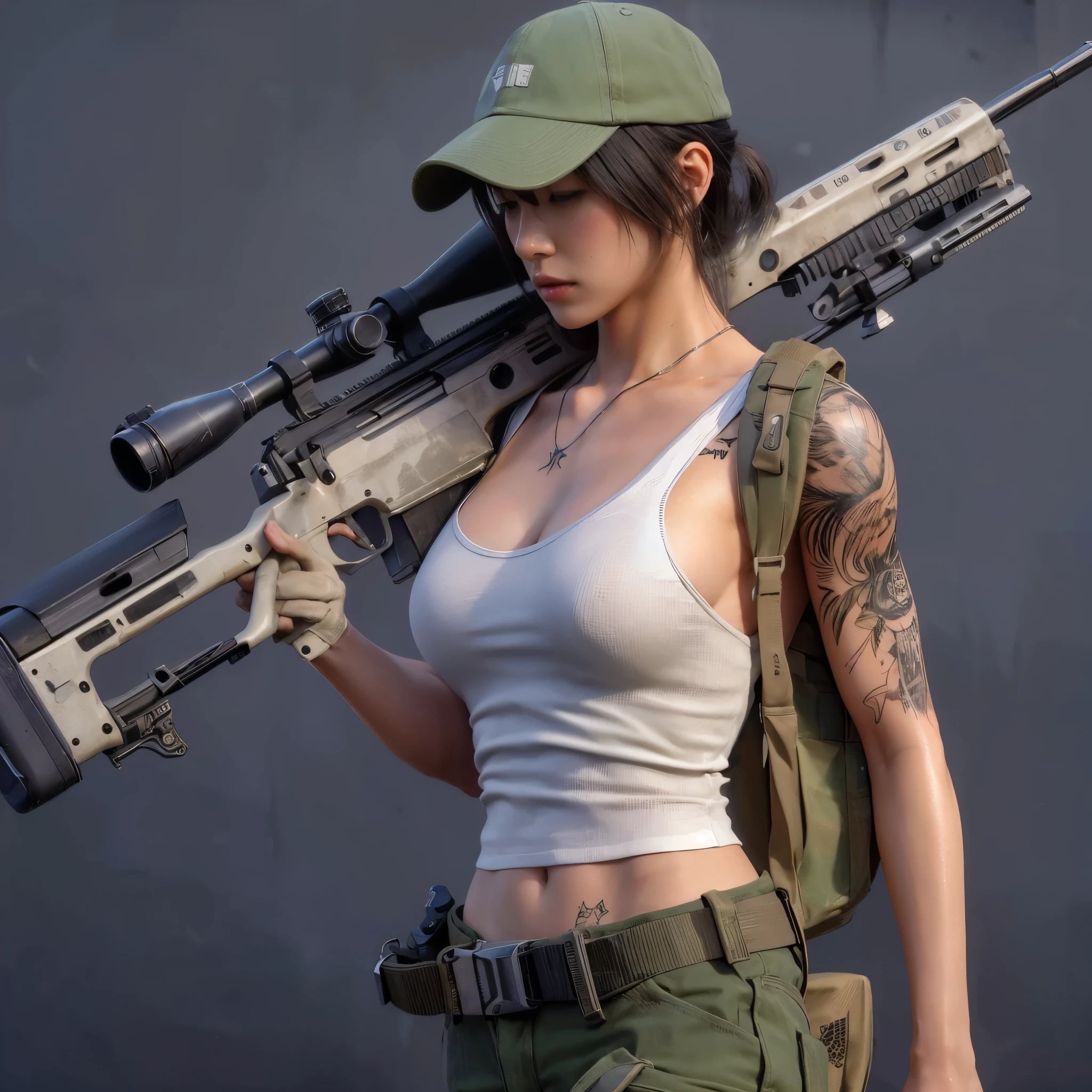 8K,realistic photo、realistic skin texture、Japanese women in the U.S. military、desert、Standing in front of a military vehicle、Afghan Stole、Carrying an automatic rifle、muscle、Tattoo、