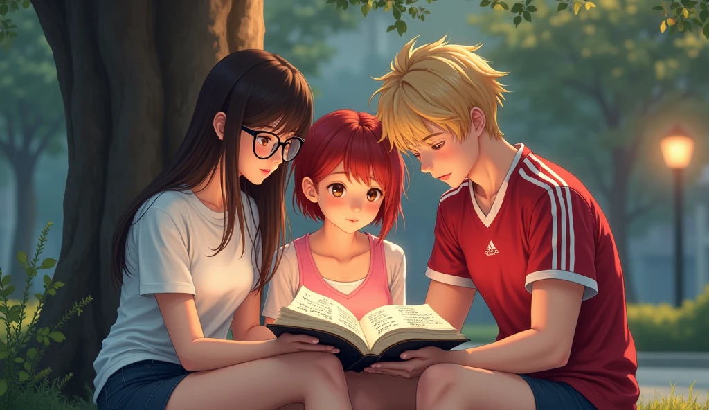 Realistic. Three university students are sitting together to look at a book that contains strange languages. Among them, there are two female students and one male student. The first female student has long brown hair, wears glasses, and is dressed in a white T-shirt. The second female student has short red hair and is dressed in a pink Lolita outfit. The male student has blonde hair, a muscular build, and is wearing a red sports jersey. All of them are Asian and are sitting under a tree in the evening.