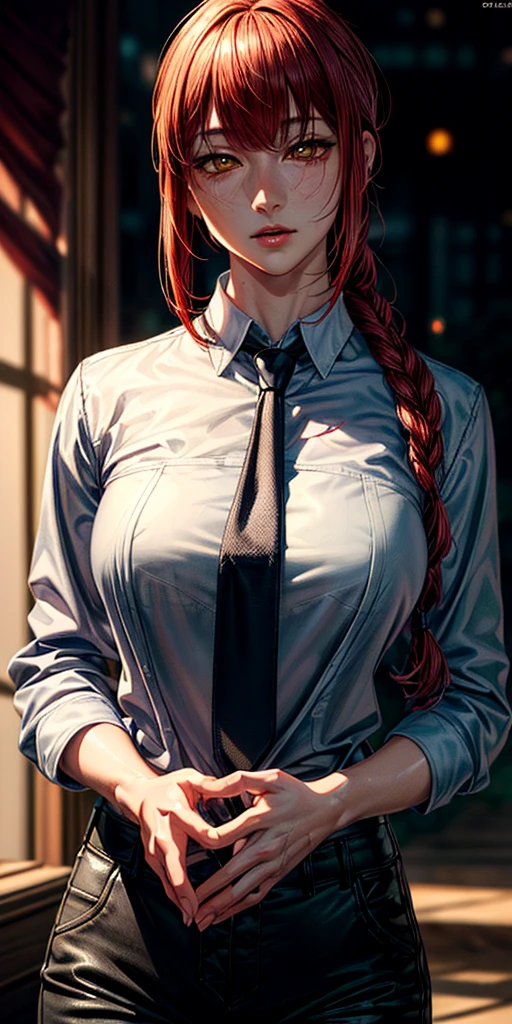 masterpiece, (photorealistic:1.4), best quality, beautiful lighting, makima \(chainsaw man\), (red hair)+(long braided hair)+(bangs), yellow eyes, golden eyes, (ringed eyes), (white shirt), (necktie),Prepare to be amazed by the astonishing level of detail in this ultra-realistic 10k high resolution artwork, where the fusion of Digital Painting, Anime Art, (masterpiece: 1.5) (photorealistic: 1.1) (bokeh) (best quality) (detailed skin texture pores hair: 1.1) (intricate) (8k) (HDR) (wallpaper) (cinematic lighting) (sharp focus ) , big tits, rape, hentai, topless, bukkake
