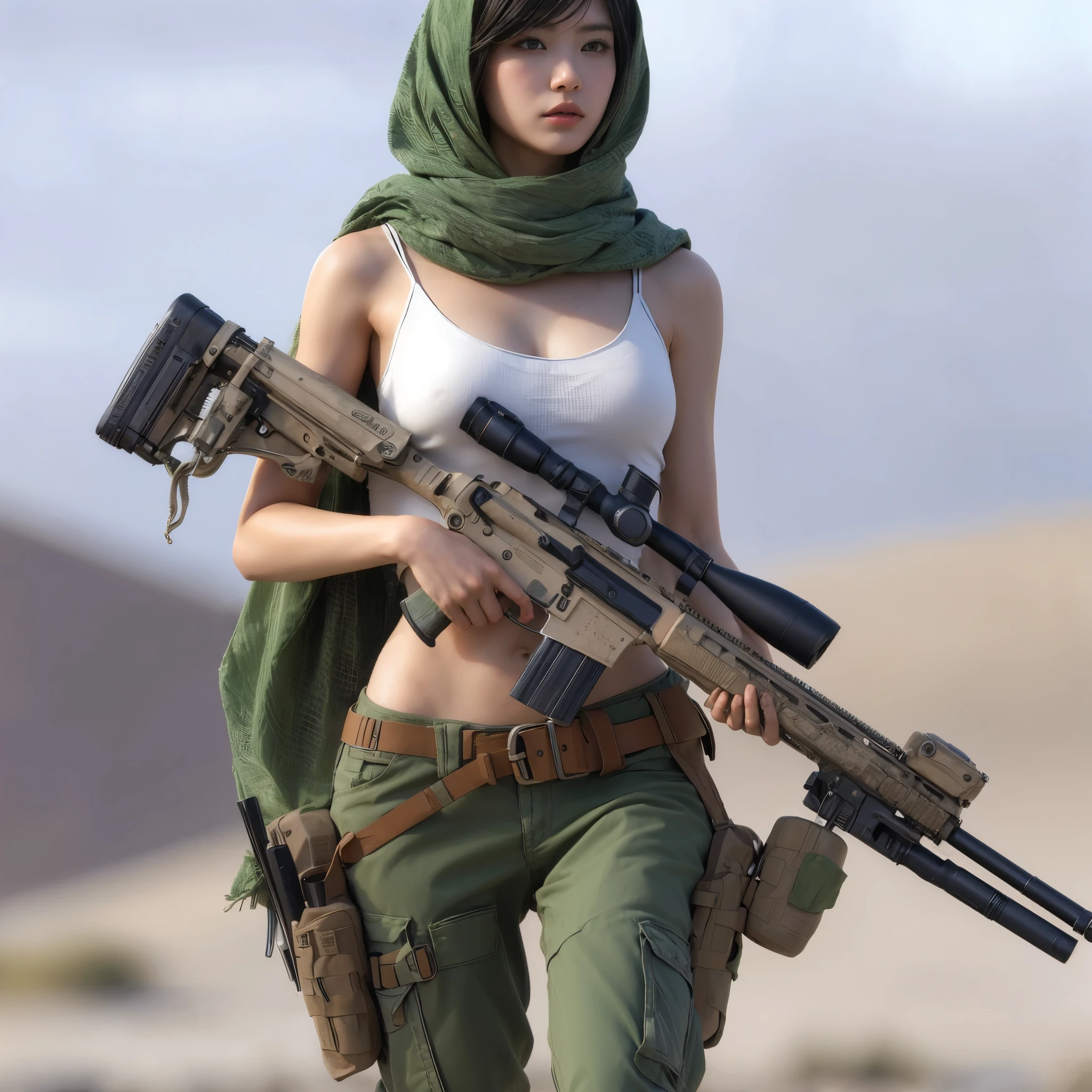 8K,realistic photo、realistic skin texture、Japanese women in the U.S. military、desert、Standing in front of a military vehicle、Afghan Stole、Carrying an automatic rifle、muscle、Tattoo、