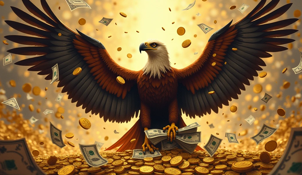 philippine eagle, eat money, surrounded with money, gold coins background, money on mouth, 