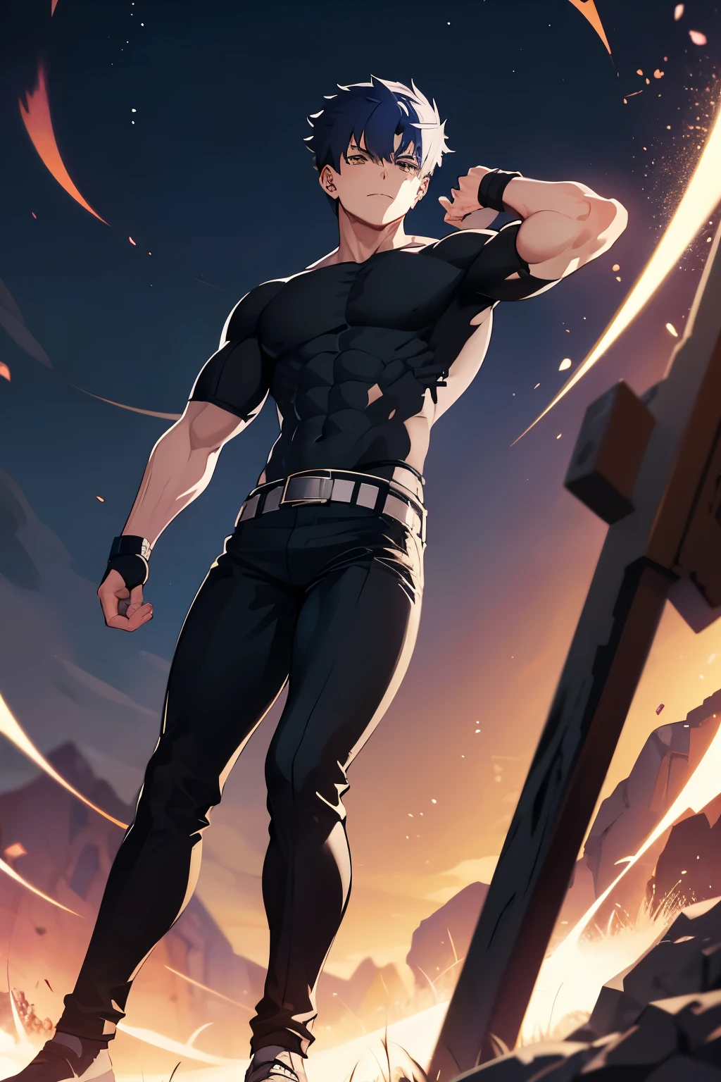 kotomine fate stay night character wearing black pants and half sleeve T shirt with a muscular lean body posing to fight with empty hand
