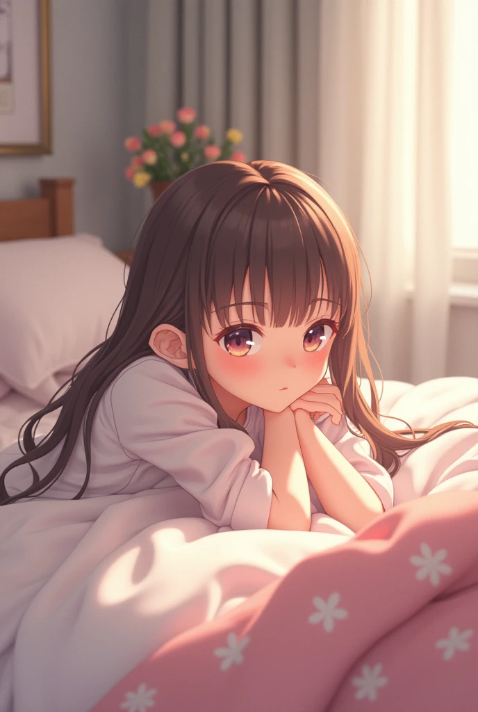 Anime girl lying on her stomach on the bed