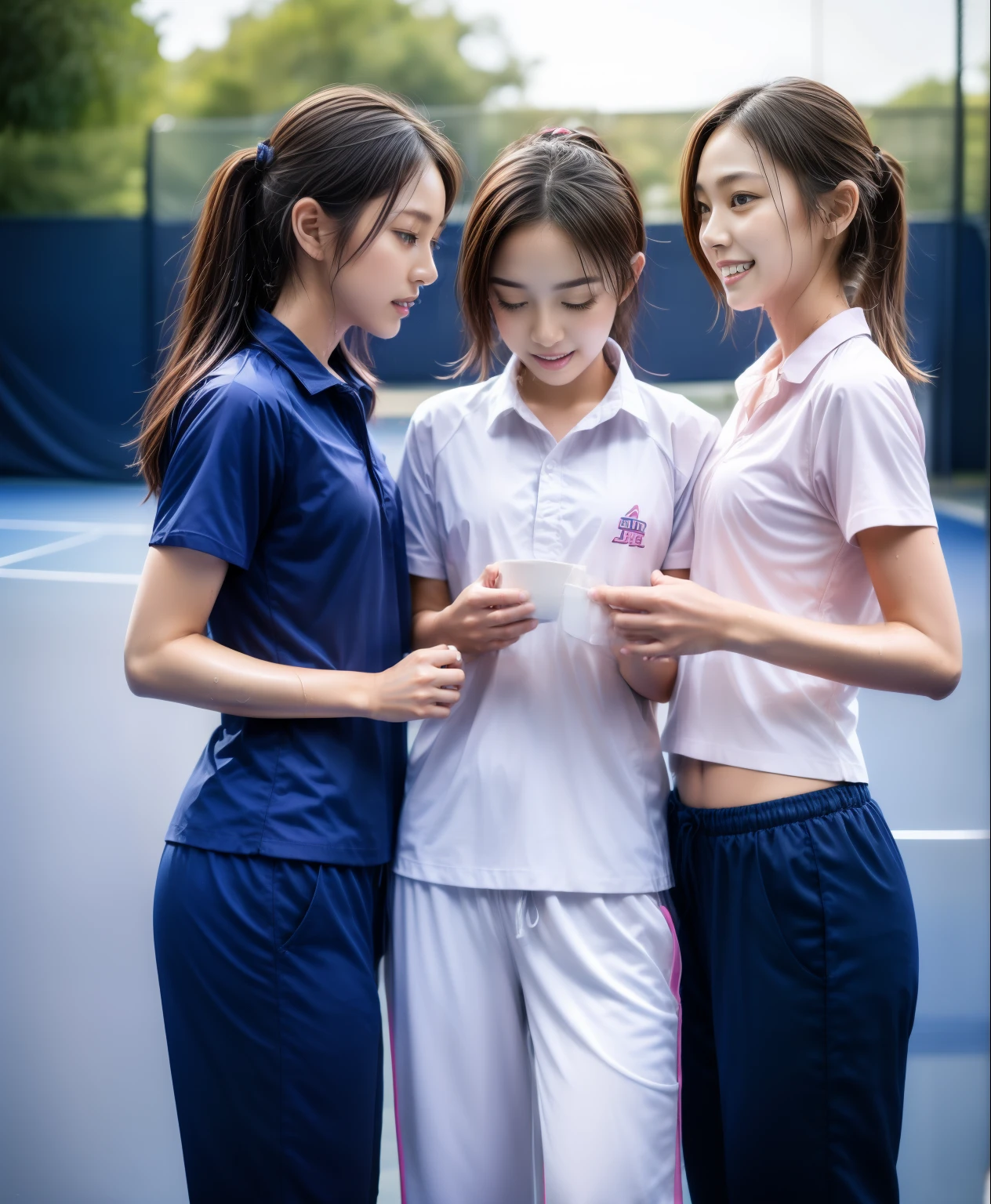 3 girls play tennis at tennis courts, Navy blue short-sleeved shirt,Navy Long Trackpant,Sweatpants, Sweatpantsขายาว,2 girl, lesbian, sexy, exercise clothes, wet body, exercise clothes