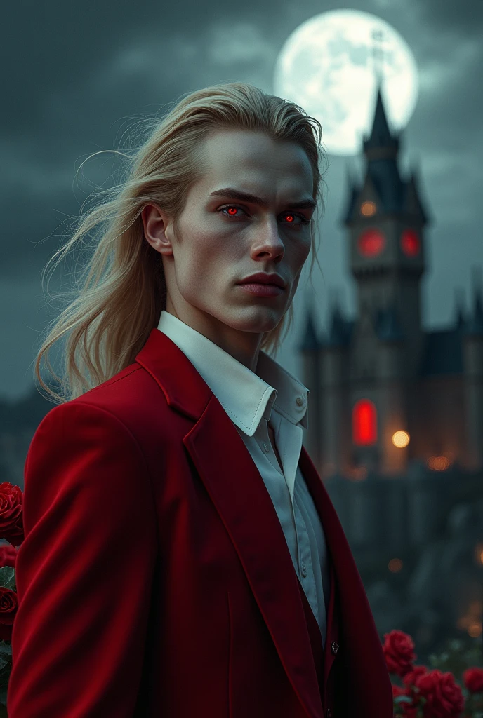 masterpiece, highest quality, (solo focus), (perfect face:1.1), (high detail:1.1), (hyper detailed eyes), dramatic, 1guy, (Pale skin), long blonde hair, (red irises), individual focus, Vampire, long hair, moon, night, Red luxury suit, pouty lips, castle, detailed background, art by artgerm, cinematic lighting, red roses, fashion