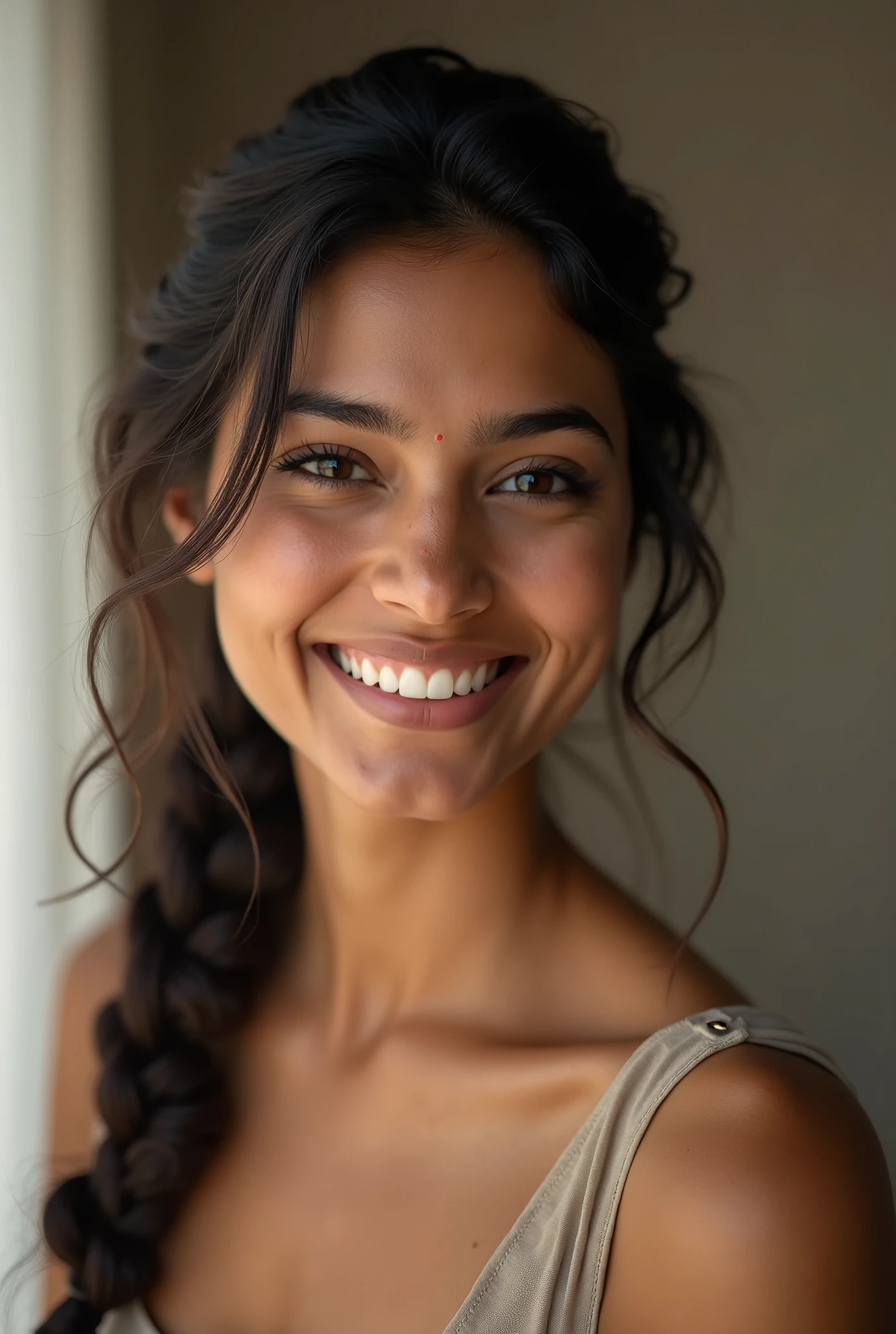 There is a young, Beautiful indian woman, who looks to the future like Katrina Kaif, Smiles into the camera, beautiful teeth, She looks into the camera, a portrait from raw photo, body, conservative modern color dress, ((hair old style braided)),
