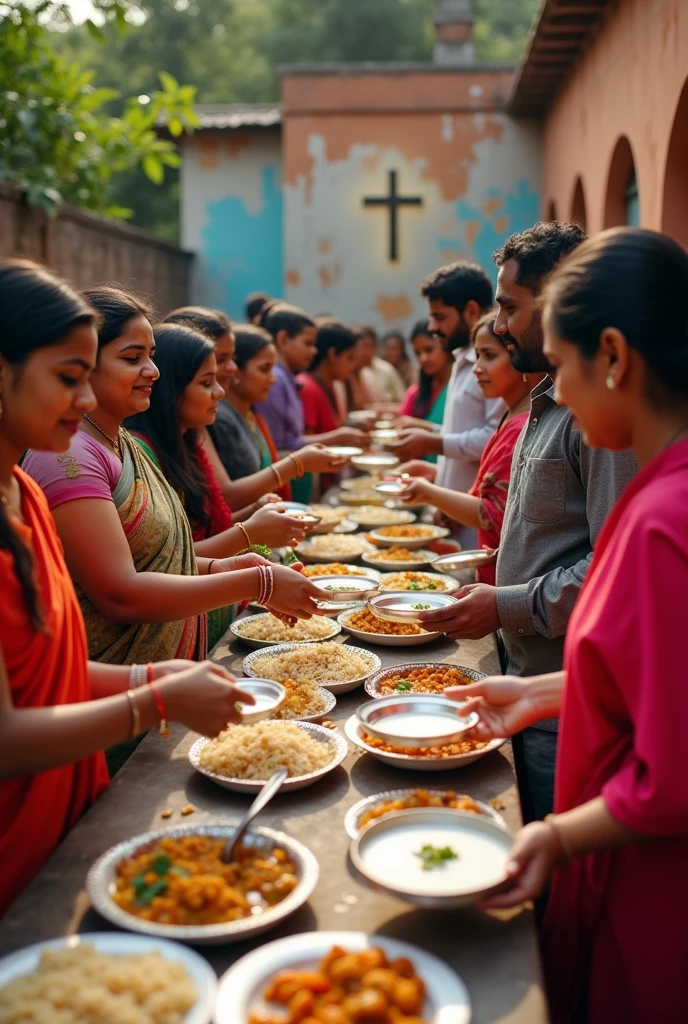 In a bustling outdoor setting, a group of Indian Christian volunteers, consisting of men and women of various ages, with warm, gentle facial features and dark skin tones, dressed in simple yet vibrant clothing, including saris, kurtas, and salwar kameez, are enthusiastically serving steaming hot food to a crowd of impoverished individuals gathered around a long, makeshift table. The volunteers' hands are adorned with colorful bangles and simple wedding bands, as they extend plates of aromatic basmati rice, fragrant curries, and warm naan bread to those in need. The atmosphere is filled with a sense of community and compassion, as the volunteers engage with the recipients, offering warm smiles and gentle gestures. In the background, a faded, peeling mural of a crucifix and a subtle Indian pattern adorns the wall of a worn, rust-colored building, while the surrounding foliage is a lush, vibrant green. The image is bathed in warm, golden light, with a shallow depth of field, blurring the periphery to emphasize the emotional connection between the volunteers and those they serve.