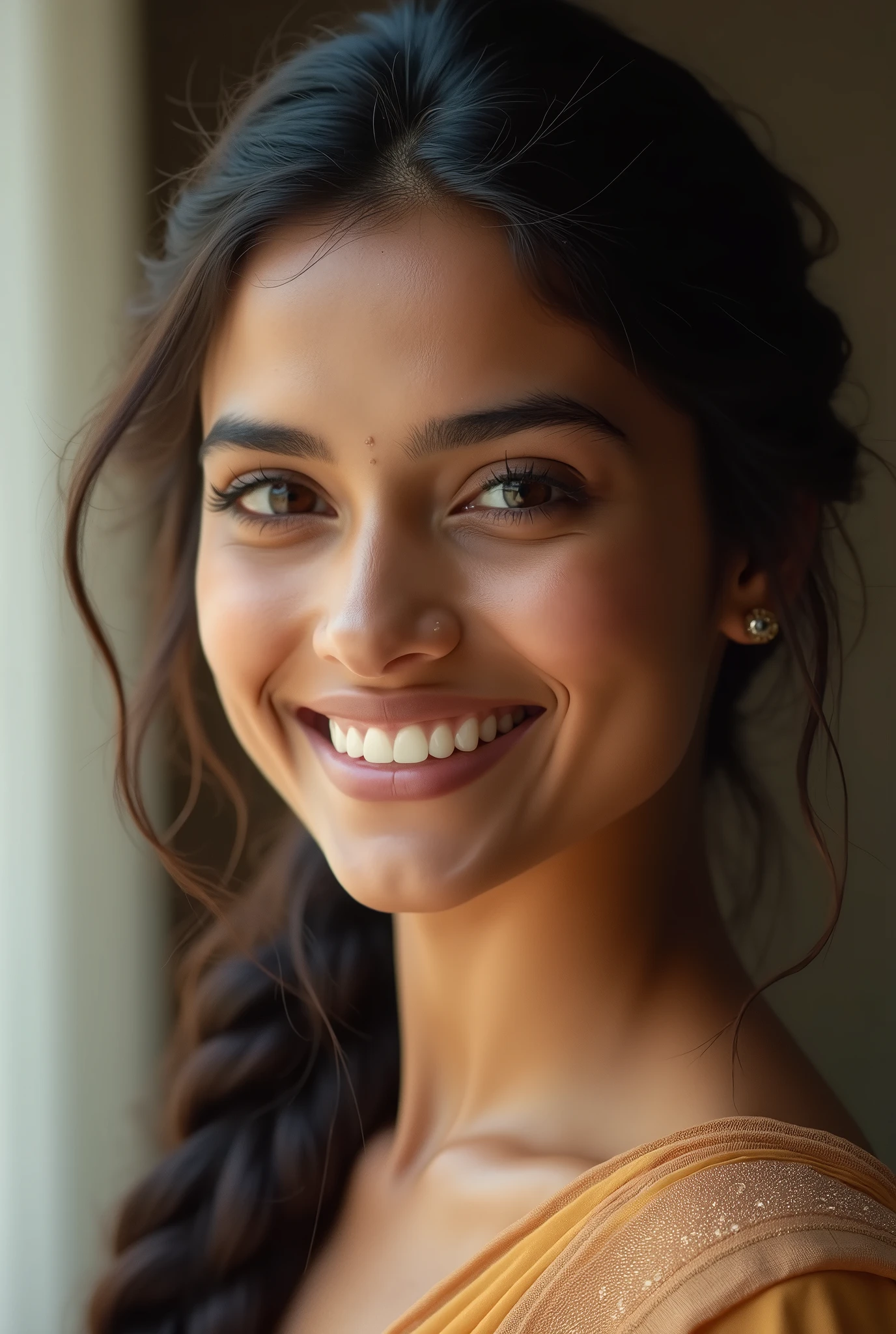 There is a young, Beautiful indian woman, who looks to the future like Katrina Kaif, Smiles into the camera, beautiful teeth, She looks into the camera, a portrait from raw photo, body, conservative modern color dress, ((hair old style braided)),