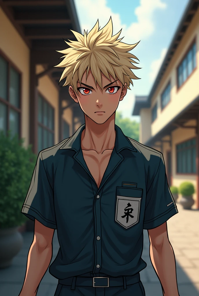 (photorealism:1.2) hot young man, no facial hair, asian, perfect face, pale skin, red eyes, hot, spiky hair, sandy blonde hair, angry expression, hot boy standing outside of Japanese school, boy in a Japanese high school uniform, realistic boy