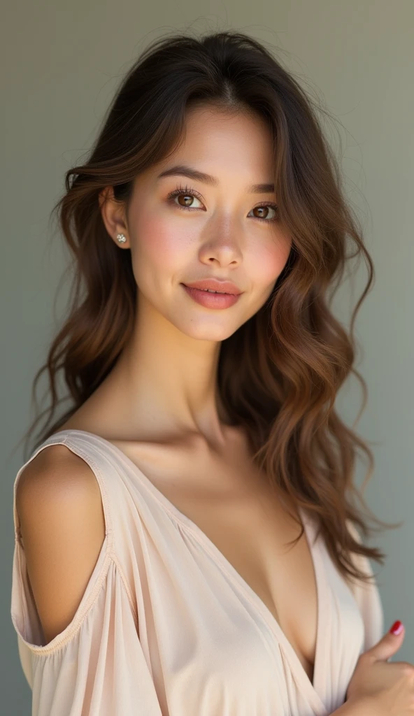 A woman with a heart-shaped face and smooth, fair skin radiates a natural glow. She has almond-shaped, deep brown eyes that exude warmth and kindness, framed by well-defined eyebrows with a gentle arch. Her small, straight nose leads to a soft, slightly rounded tip. Her lips are full and naturally pink, often curved in a subtle, inviting smile. High cheekbones enhance her refined appearance, while soft waves of hair gracefully frame her face, adding to her aura of elegance and warmth. She is dressed in a chic yet understated outfit—perhaps a pastel-colored blouse paired with a flowing skirt or tailored trousers—reflecting her sophisticated and approachable style. Accessories are minimal but tasteful, such as delicate earrings and a simple necklace, completing her effortlessly elegant look.
