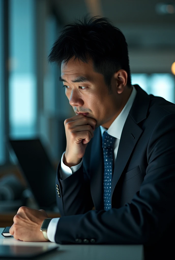 male、Japanese、Wearing a suit、Looking at the computer and thinking、