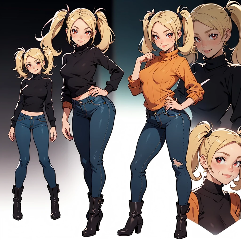 Very detailed, smiling facial expression, small breasts, full body view, blonde hair with twintails, red eyes, looking at viewer, wearing black jumper, denim pants, black boots, cute pose.