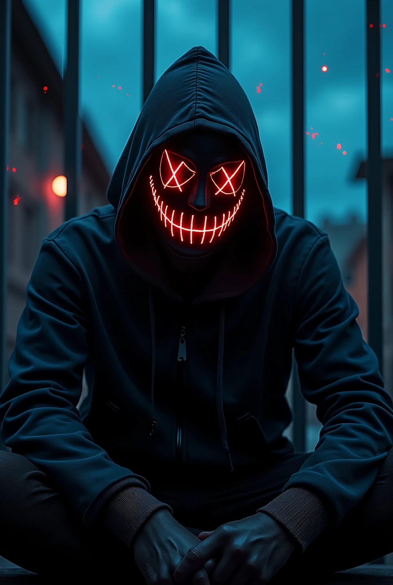 A shadowy character wearing a dark hooded jacket and a face covered by a glowing mask with a terrifying pattern of red eyes and a sinister smile in the form of glowing white stitching.. He is sitting in a relaxed manner in front of a metal fence, with a carefree but intimidating posture. The background is dark with a blue night sky, and the lighting dramatically highlights the shine of his eyes and mouth, while little red sparks float in the air, adding a tense and urban atmosphere. The style is dark and aggressive, with a cyberpunk and vigilante aesthetic, conveying a sense of latent danger.