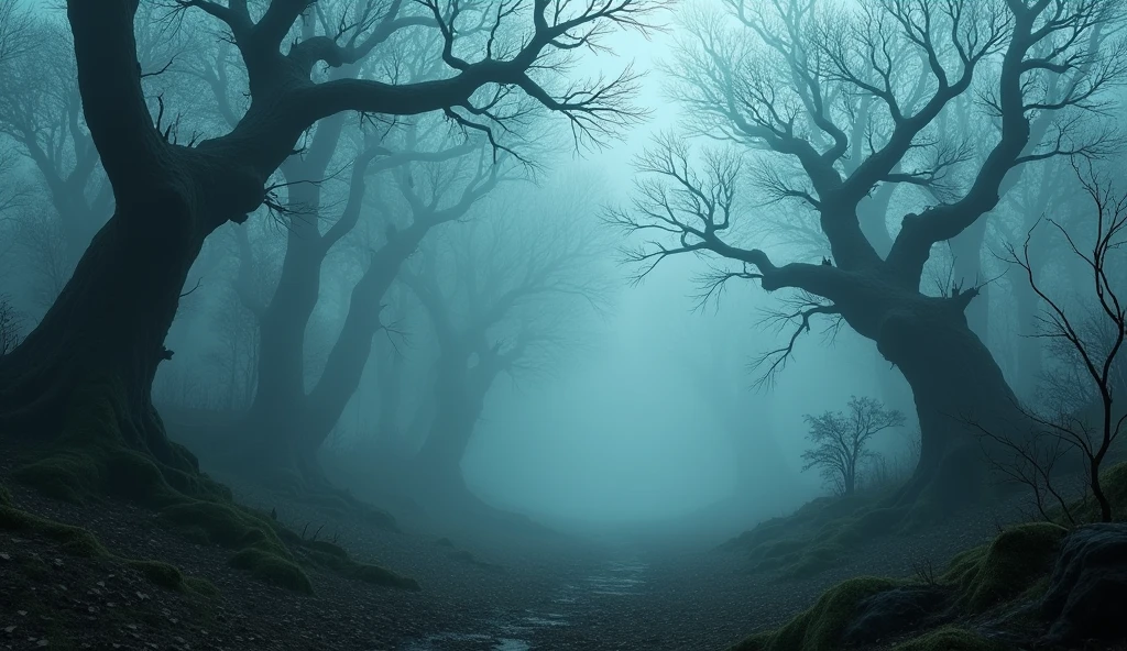 Dark eerie forest with fog rolling in. Make it spooky. Make it vibrant and hyper realistic.