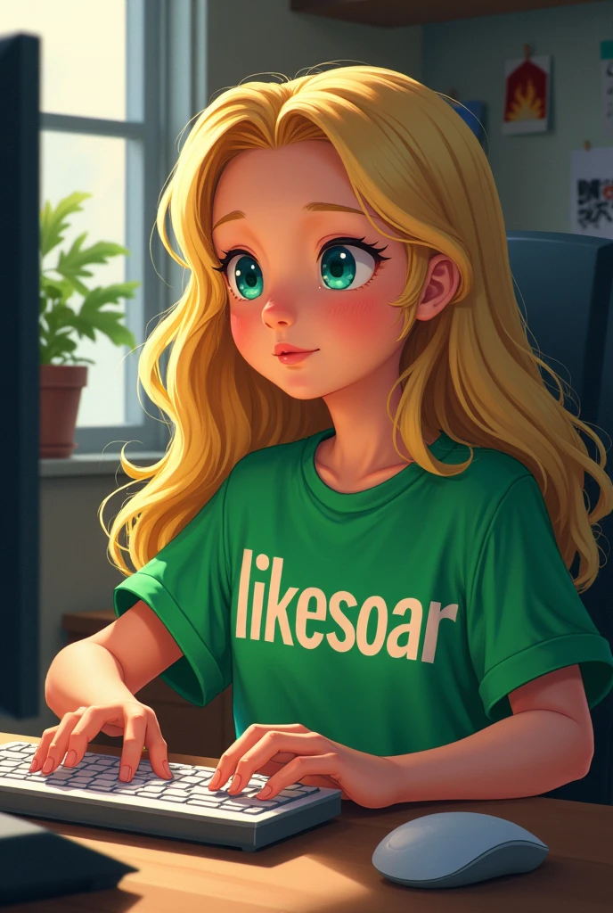 Blonde haired girl in a green t-shirt with LikeSoar written on it and working on the computer