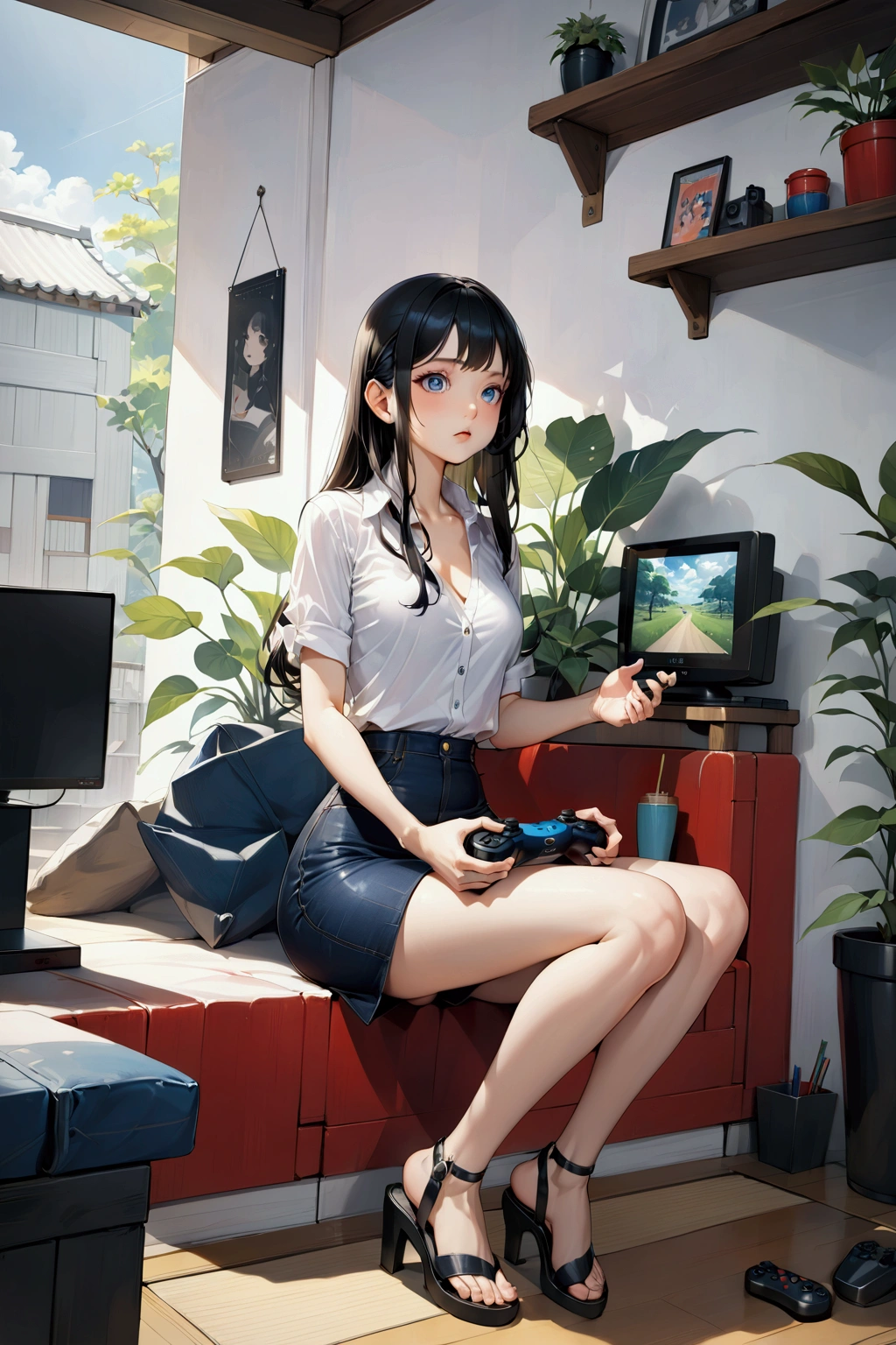realistic anime illustration of adorable young woman in long hair, she is sitting while playing video game, holding game video joypad, game console, wearing black-white 1/2 sleeves v-neck collared shirt, dark blue denim pencil skirt, black heel sandals, (1girl, solo, full body), (masterpiece, best quality, japanese anime style), (expressive eyes, perfect face, perfect body)