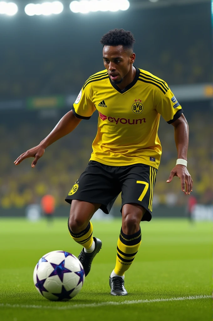 A Borussia Dortmund football player and wearing number 7 with the name ATA is holding a 3D animated ball.