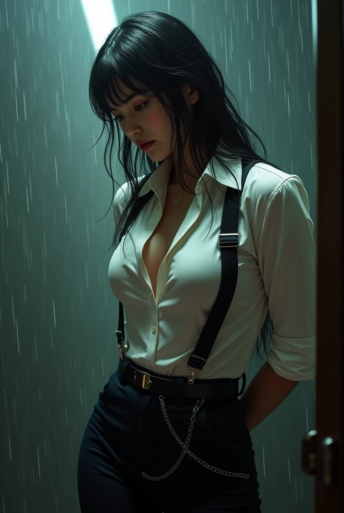 a woman in a suit, belt, hands behind back, sweating, suspenders, black pants, sexly, large breasts, see-through clothing, rain, detective, office worker, white button-up shirt, (best quality,4K,8k,highres,masterpiece:1.2),ultra-detailed,(realistic,photorealistic,photo-realistic:1.37),hyper-detailed,highly detailed face and body, Slender thin suspenders Moderate breasts See-through shirt Nipples holster chain Pistol Armament criminal Female criminal knife japanese profile Japanese women arrested handcuff