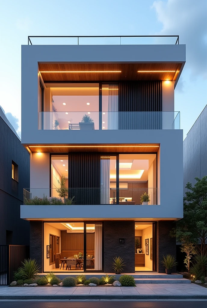 Residential facade architecture , a view of contemporary 6th floors residential facade with larg window , main material by glossy white wall and black stone and wood, RAW photo, real, best quality, masterpiece:1.2), look morden minimal, shime ring light, light brighteness from indoor:1.2, dynamic lighting: 1.3, (hyper realistic, photo-realistic:1.2), high quality, day lighht, hight contrast :0.5 perfect lighting, archdaily, award winning contemporary , masterpiece, well-designed masterpiece,
