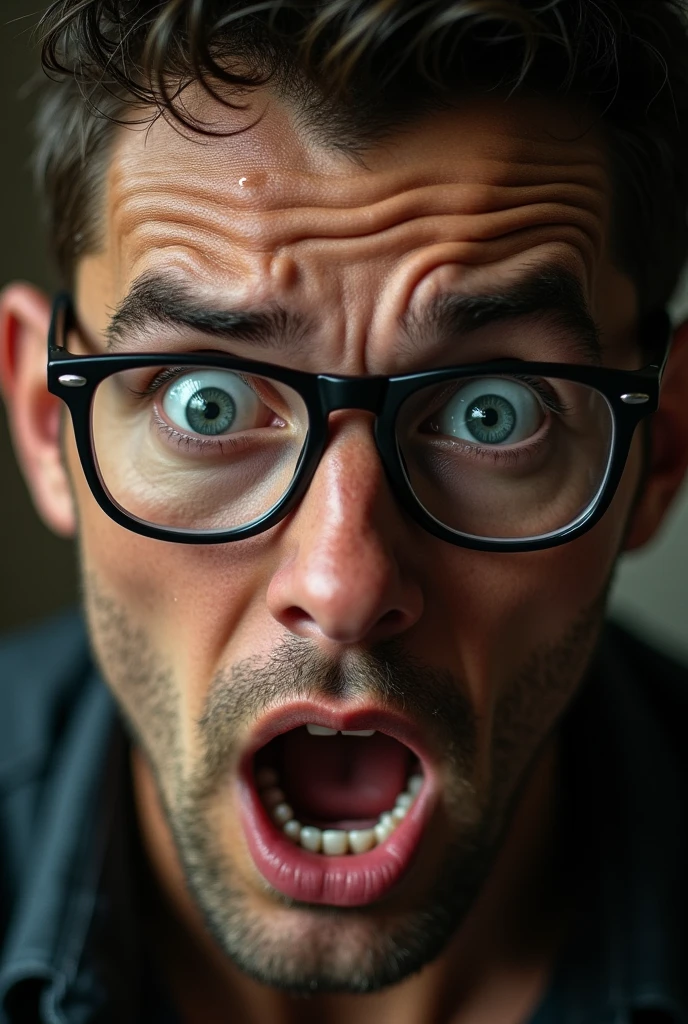 A mans eyes with glasses widened and scared with sweat